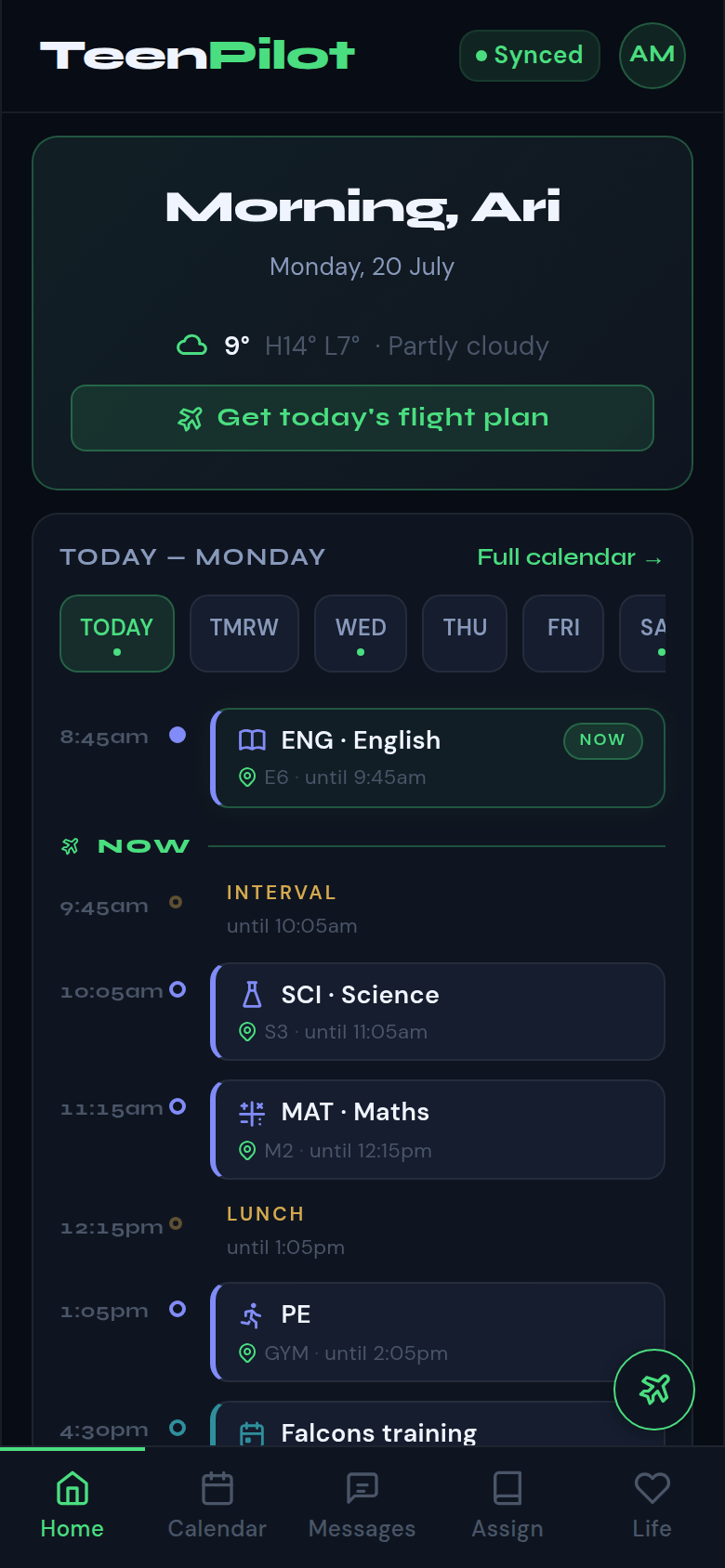 TeenPilot's home screen at 7am